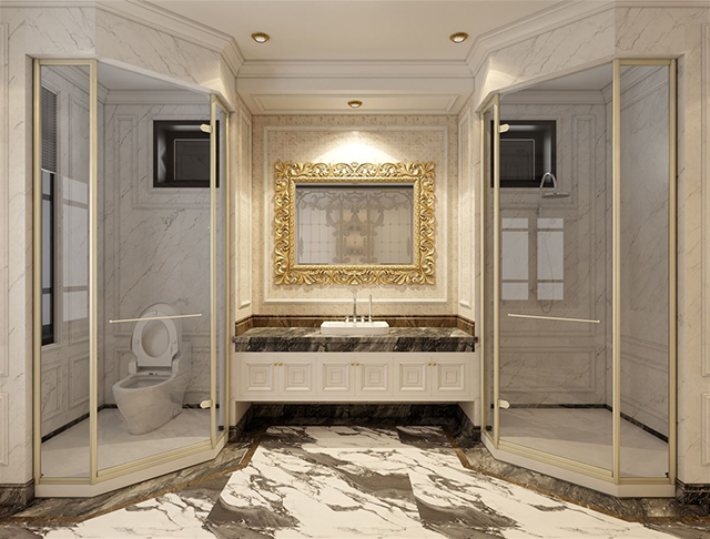 Phòng vệ sinh có diện tích lớn được thiết kế theo phong cách tân cổ điển