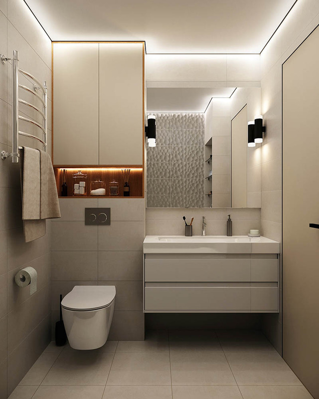 Nhà vệ sinh kích thước nhỏ xây dựng theo phong cách hiện đại, trang bị đầy đủ tiện nghi